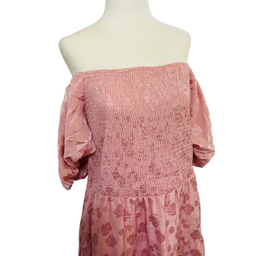 NEW‎ Pink Floral Print Off Shoulder Smocked Tiered Midi Dress XXL - Picture 3 of 8